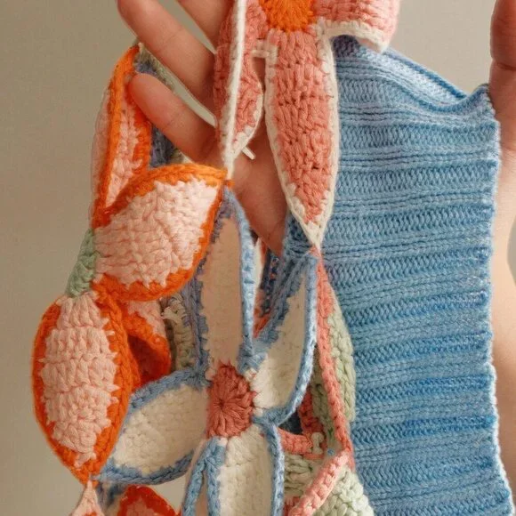 Blue Casual Women's Floral Pattern Sheer Long Sleeve Loose Sweater - Picture 7 of 7